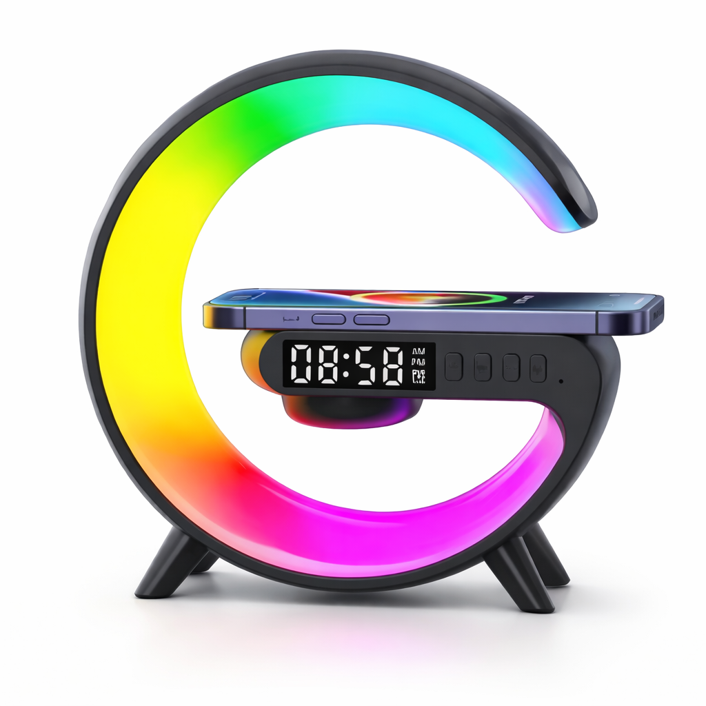Trådlös Laddstation med RGB-ljus & Klocka – 15W Snabbladdning