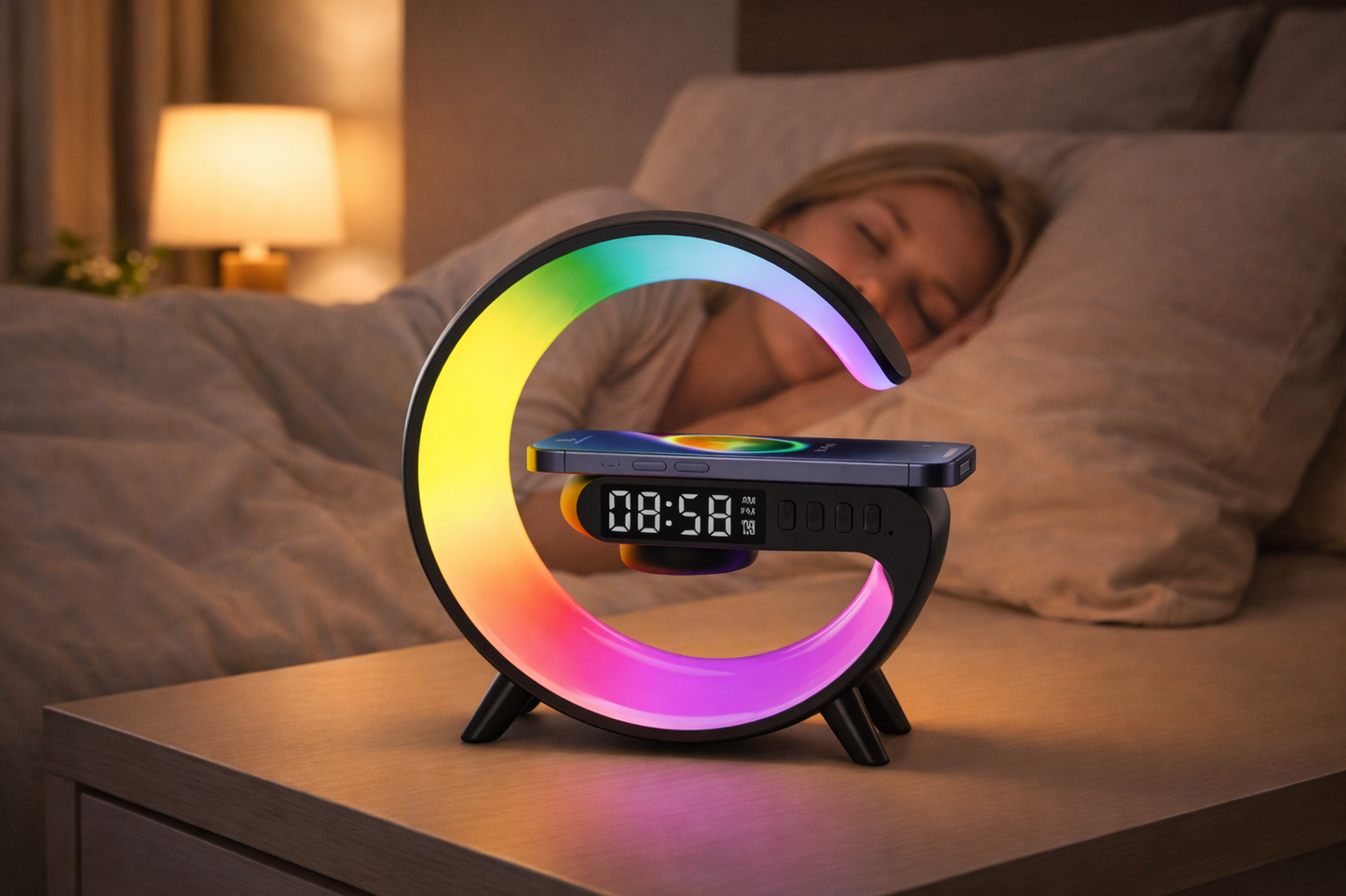 Trådlös Laddstation med RGB-ljus & Klocka – 15W Snabbladdning